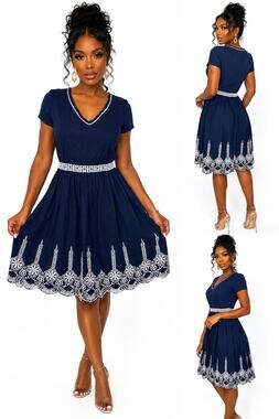 VTG De Collection Navy Blue White Embroidered Fit & Flare Dress M Cottagecore